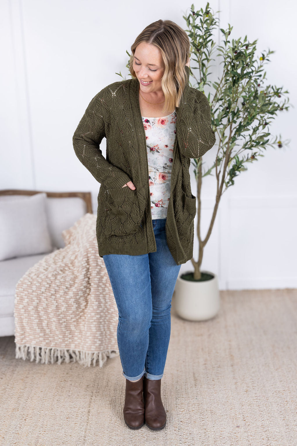 WAREHOUSE Open Knit Cardigan - Olive