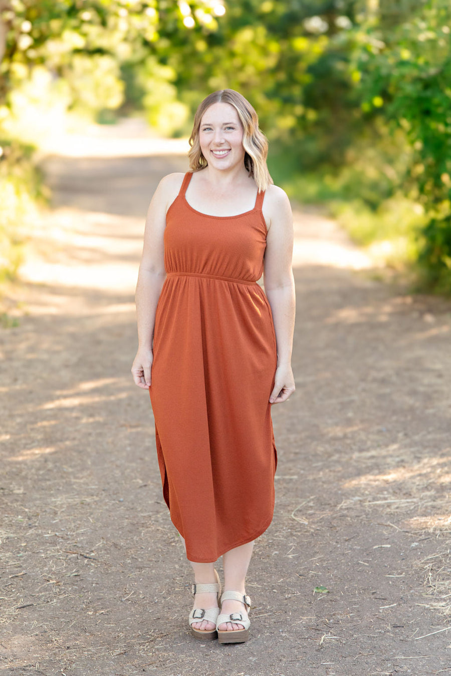 WAREHOUSE Reagan Ribbed Midi Dress - Rust FINAL SALE