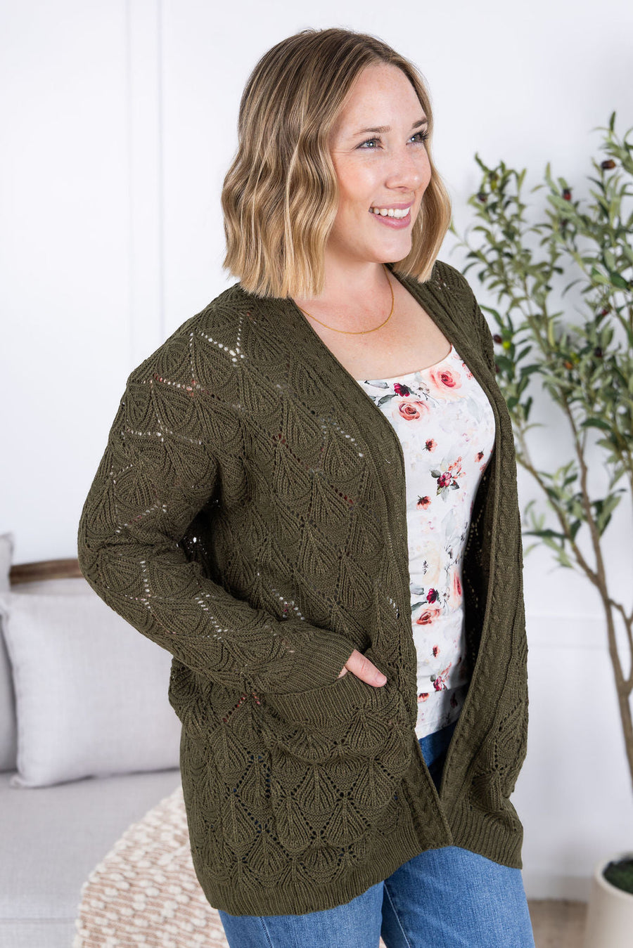 WAREHOUSE Open Knit Cardigan - Olive
