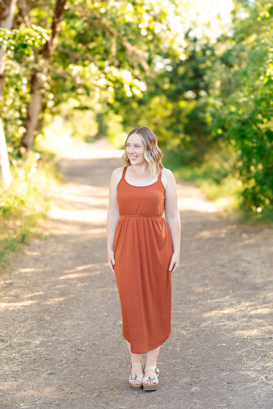 WAREHOUSE Reagan Ribbed Midi Dress - Rust FINAL SALE