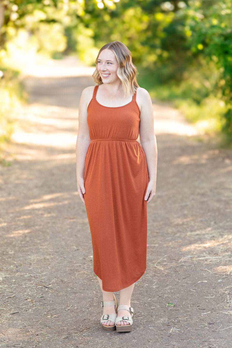 WAREHOUSE Reagan Ribbed Midi Dress - Rust FINAL SALE