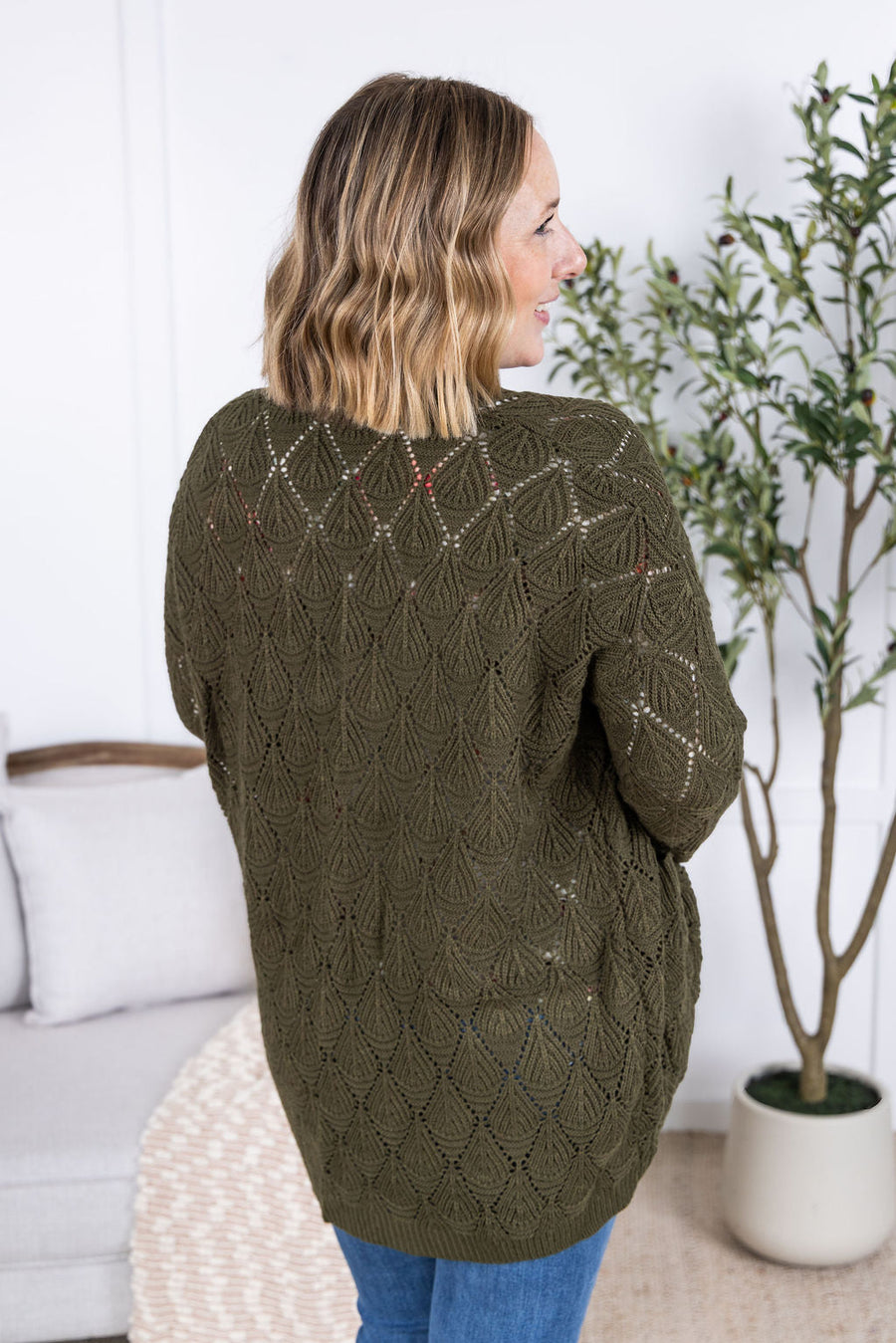 WAREHOUSE Open Knit Cardigan - Olive