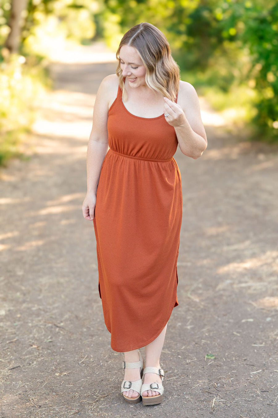 WAREHOUSE Reagan Ribbed Midi Dress - Rust FINAL SALE