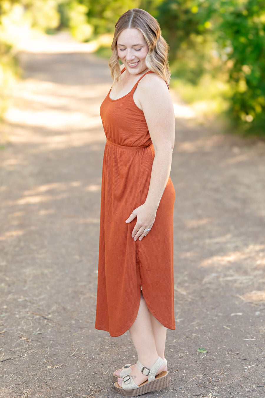 WAREHOUSE Reagan Ribbed Midi Dress - Rust FINAL SALE