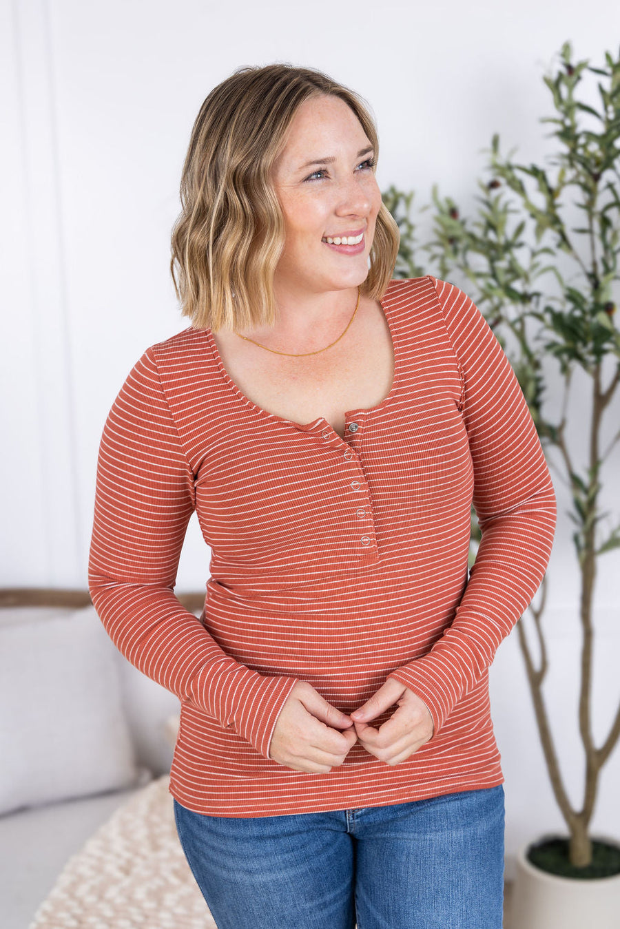 WAREHOUSE Striped Henley Long Sleeve - Terra Cotta