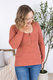 WAREHOUSE Striped Henley Long Sleeve - Terra Cotta