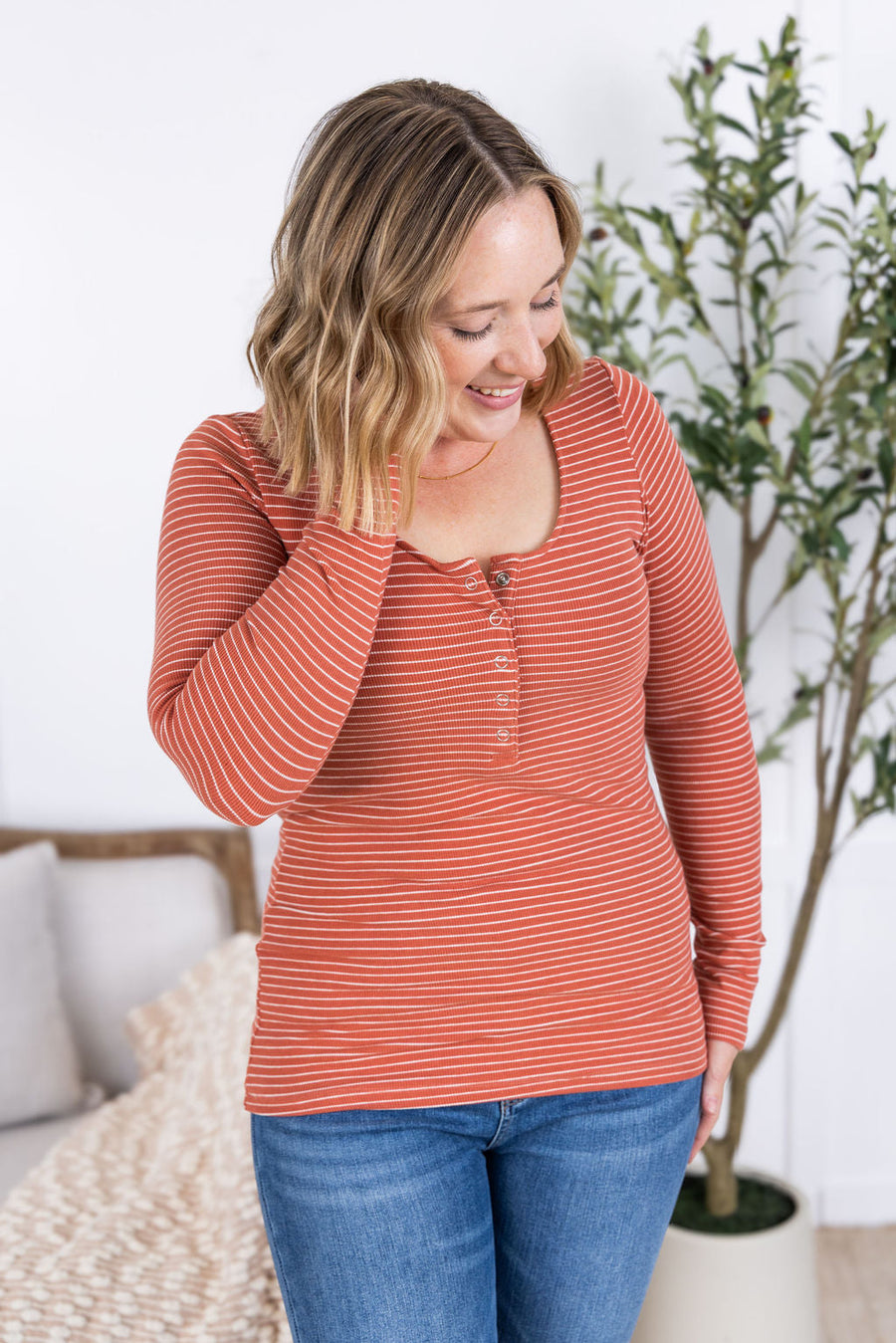 WAREHOUSE Striped Henley Long Sleeve - Terra Cotta