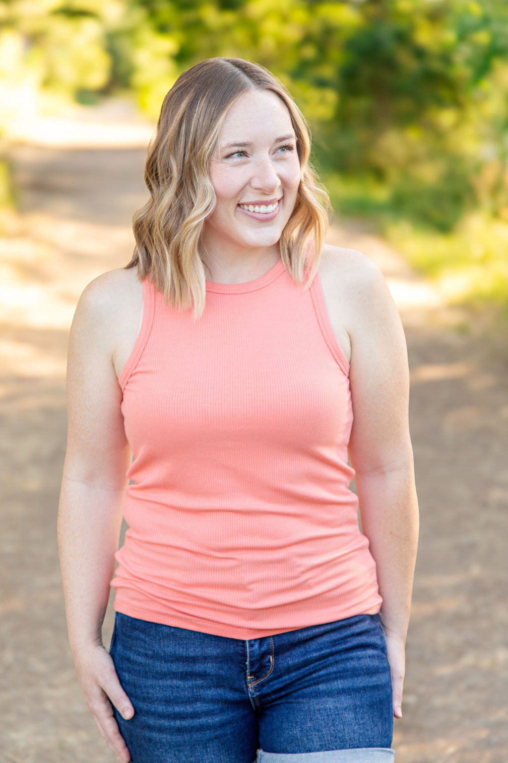 WAREHOUSE Tara Ribbed Tank - Coral