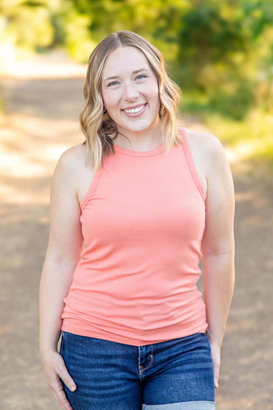 WAREHOUSE Tara Ribbed Tank - Coral