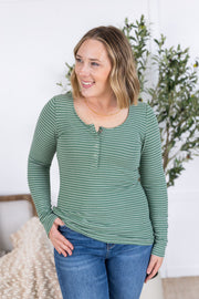 WAREHOUSE Striped Henley Long Sleeve - Fern