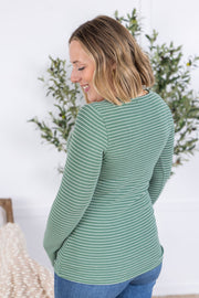 WAREHOUSE Striped Henley Long Sleeve - Fern