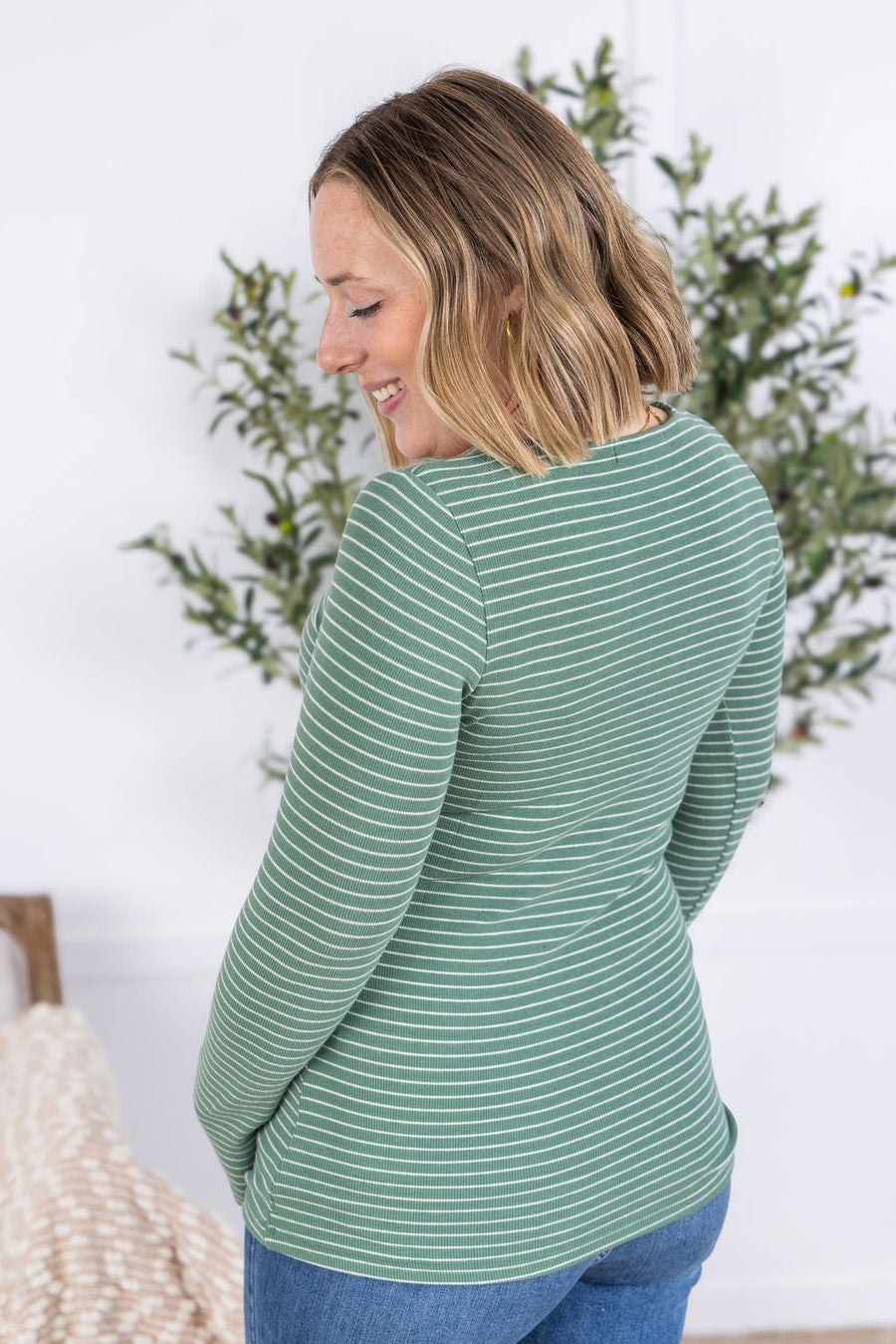 WAREHOUSE Striped Henley Long Sleeve - Fern