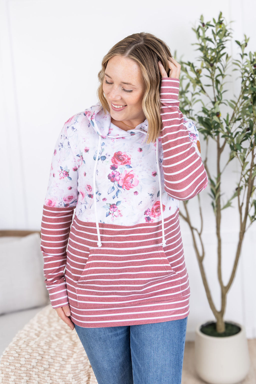 WAREHOUSE Hailey Pullover Hoodie - Pink Bloom and Stripes