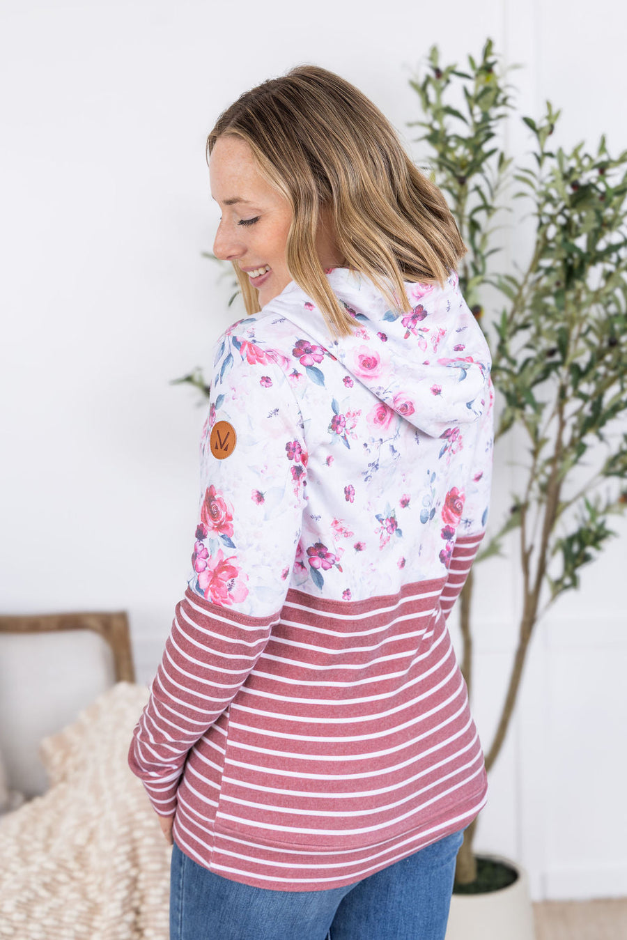 WAREHOUSE Hailey Pullover Hoodie - Pink Bloom and Stripes