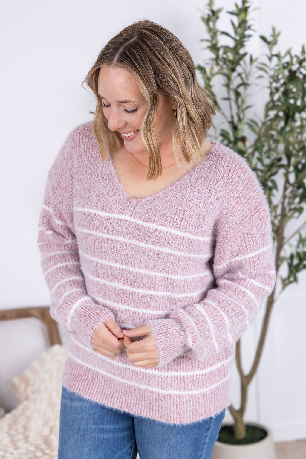 WAREHOUSE Cozy Striped Sweater - Mauve