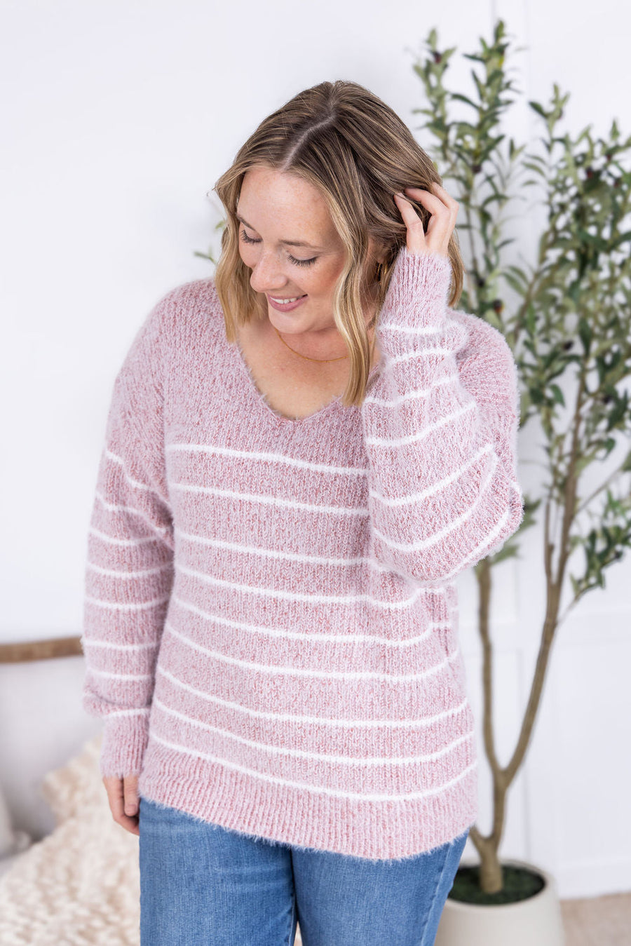 WAREHOUSE Cozy Striped Sweater - Mauve