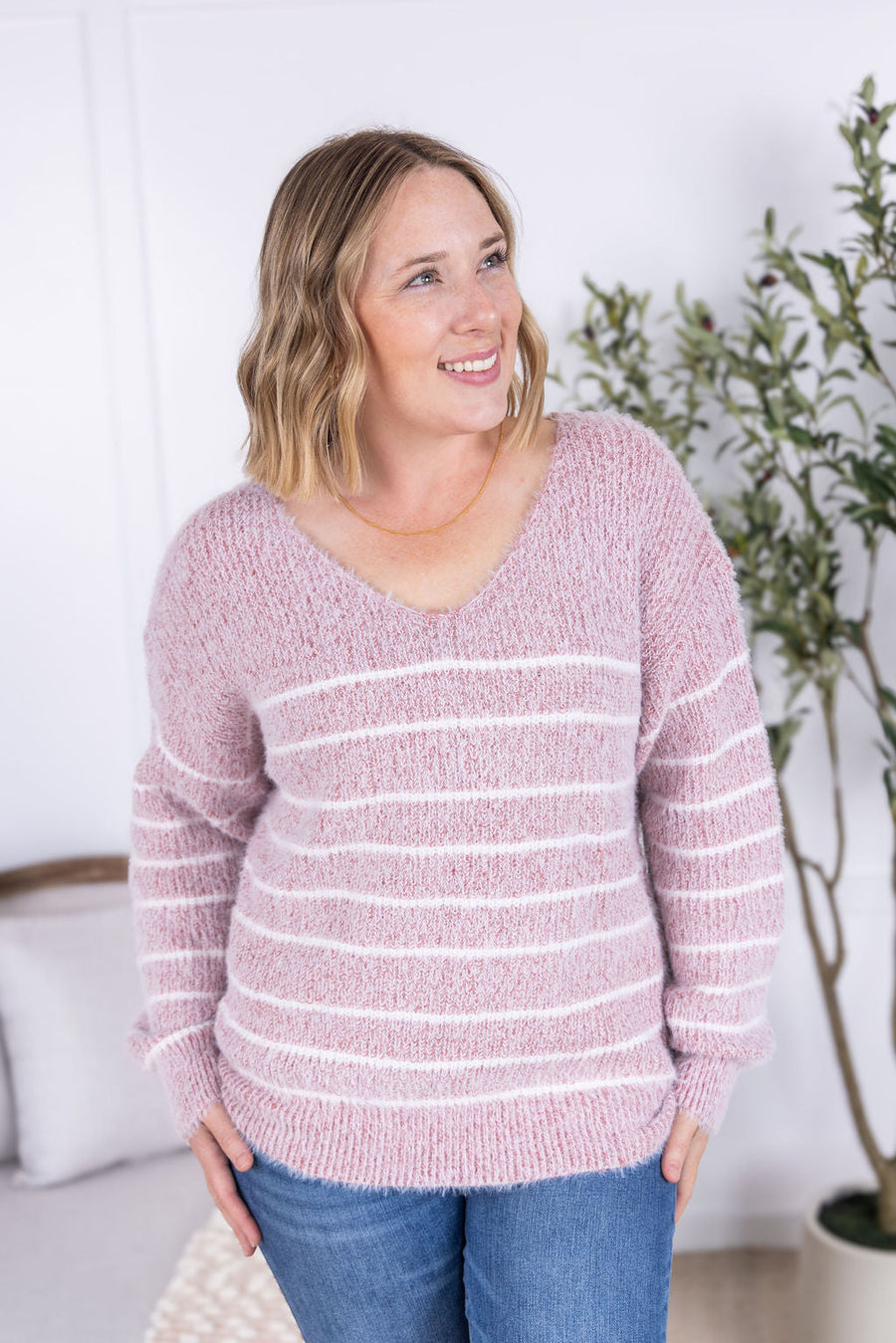 WAREHOUSE Cozy Striped Sweater - Mauve