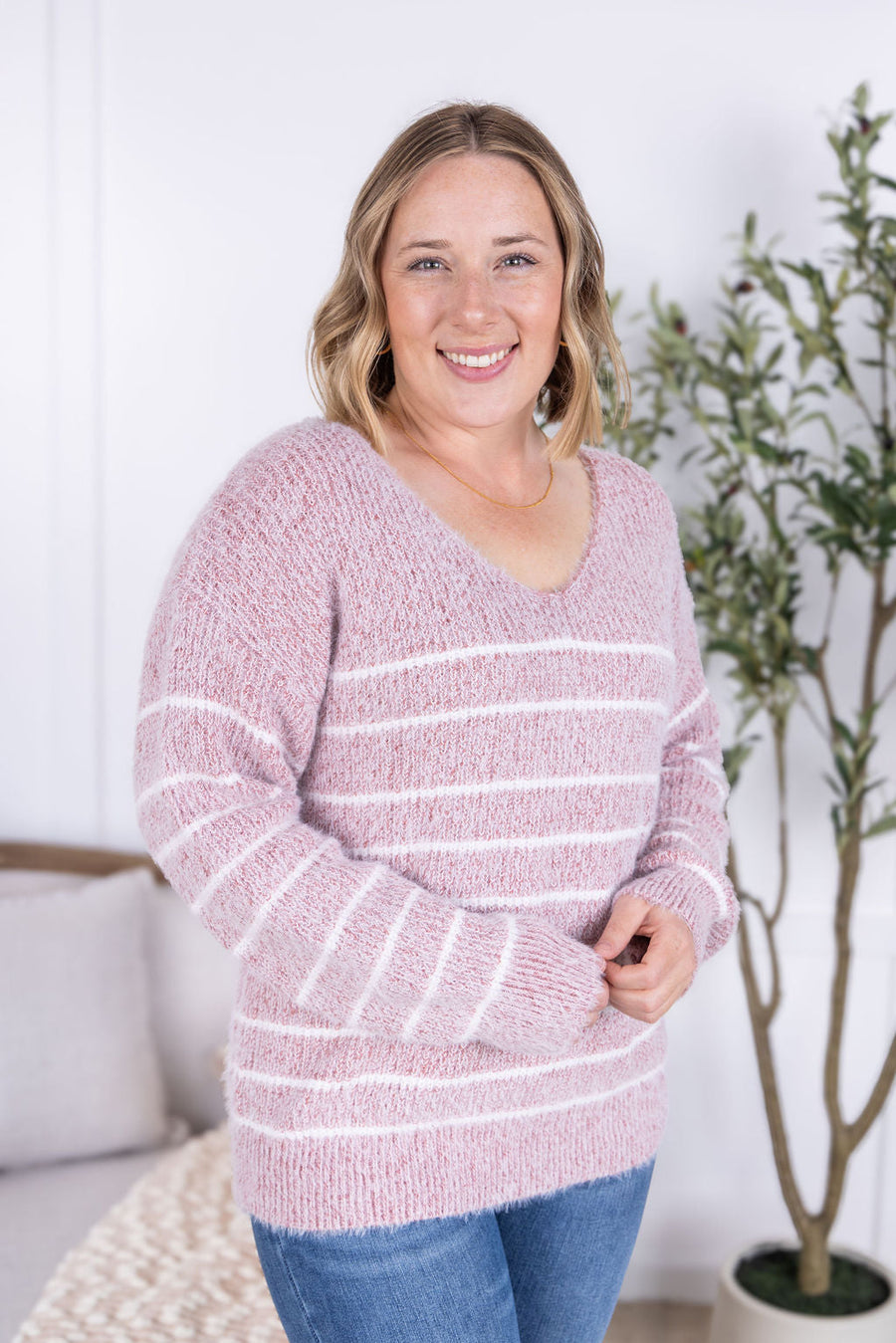 WAREHOUSE Cozy Striped Sweater - Mauve