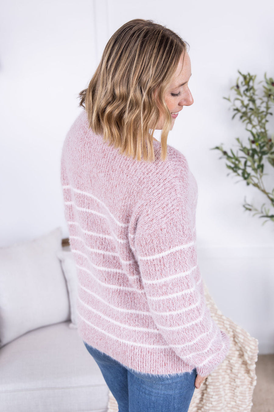 WAREHOUSE Cozy Striped Sweater - Mauve