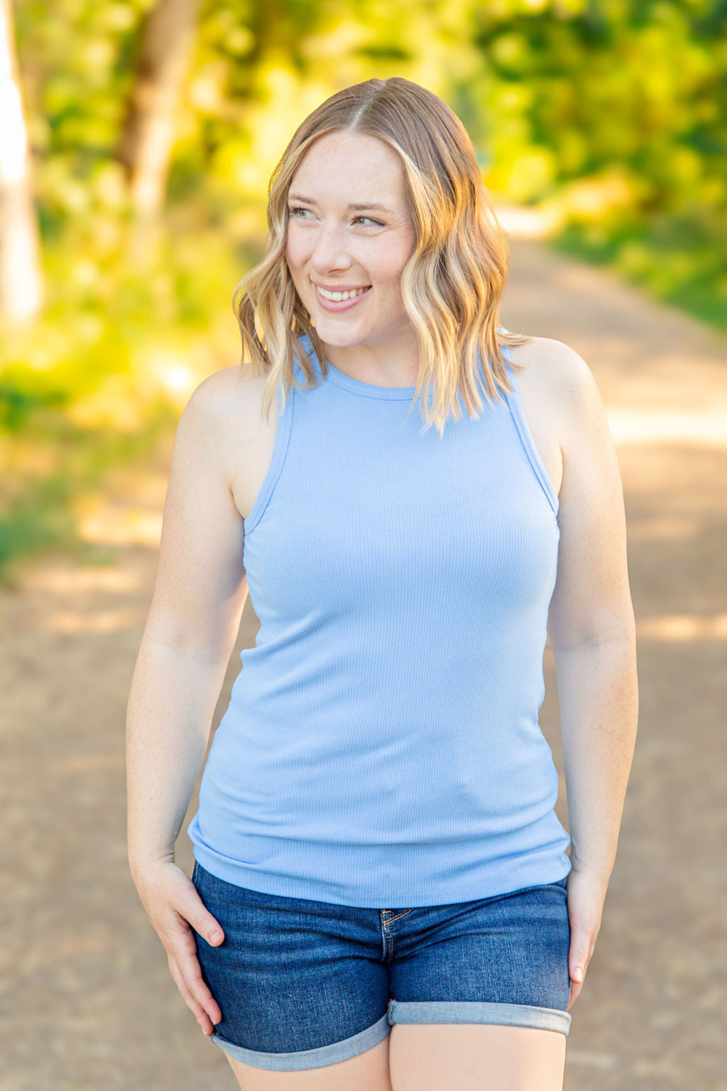 WAREHOUSE Tara Ribbed Tank - Light Blue