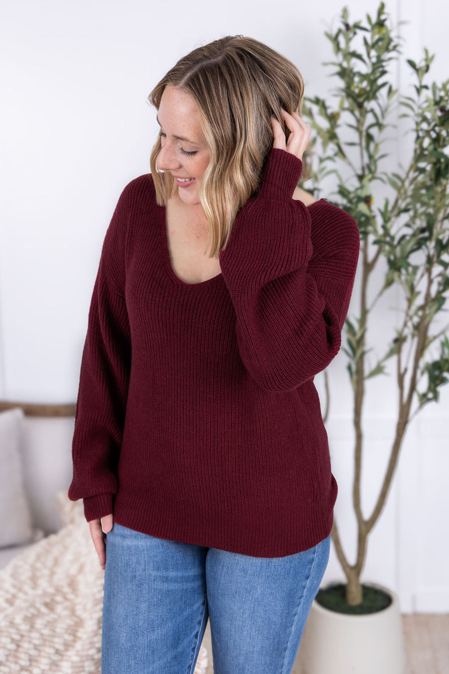 WAREHOUSE Bethany Bow Knit Sweater - Burgundy