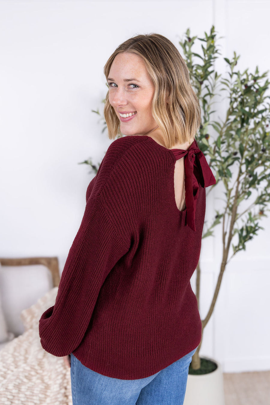 WAREHOUSE Bethany Bow Knit Sweater - Burgundy
