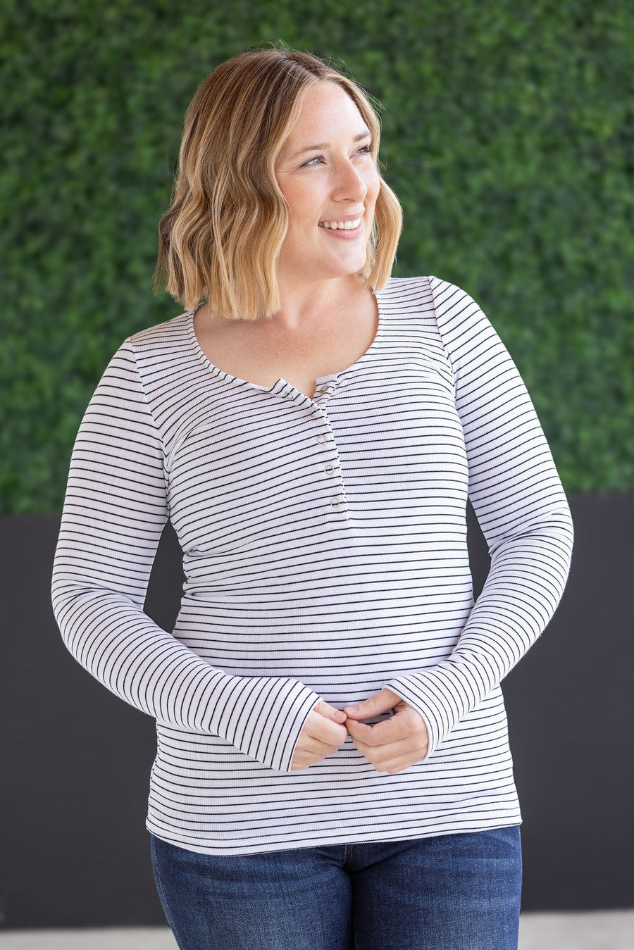 WAREHOUSE Striped Henley Long Sleeve - White
