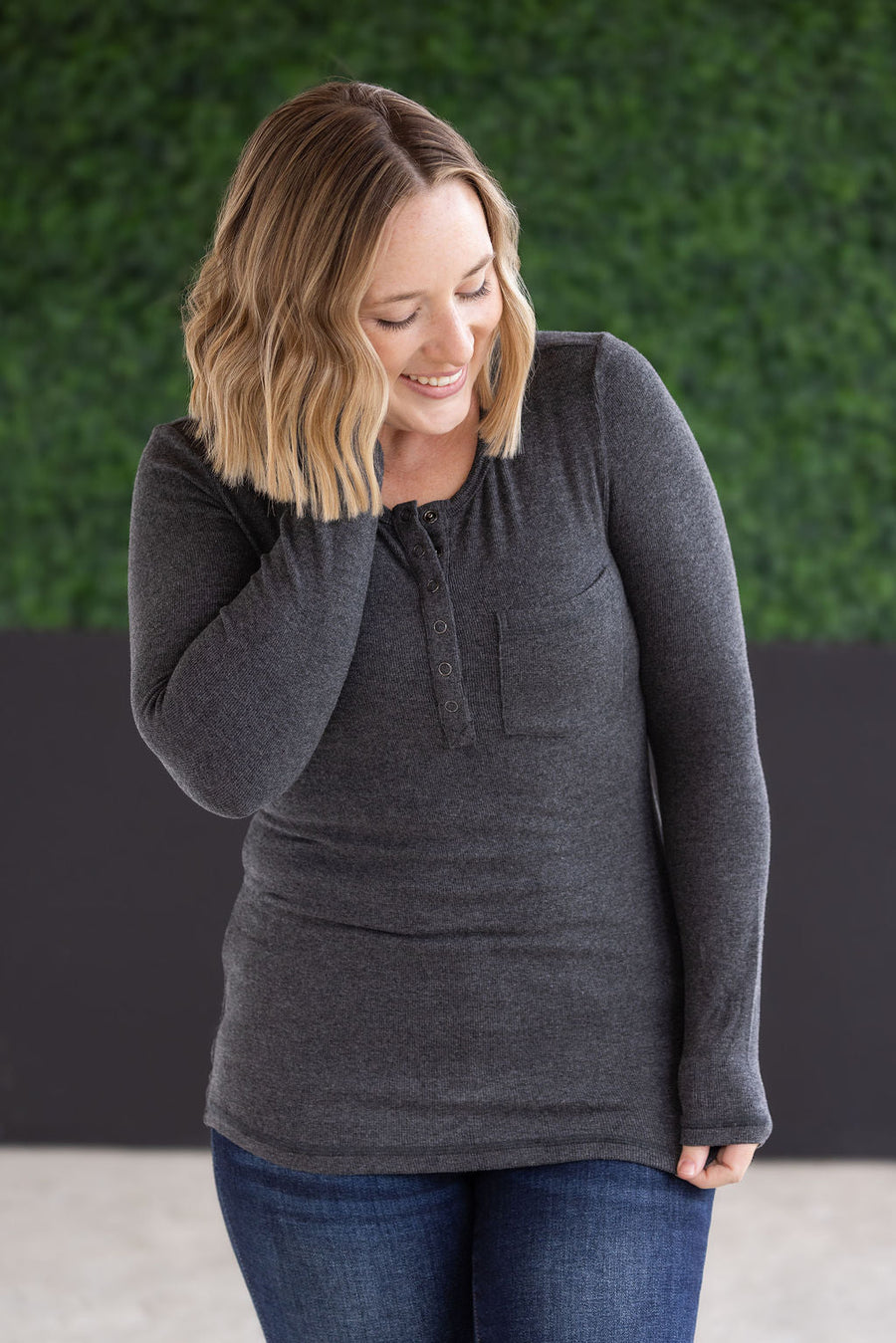 WAREHOUSE Georgia Long Sleeve Top - Charcoal