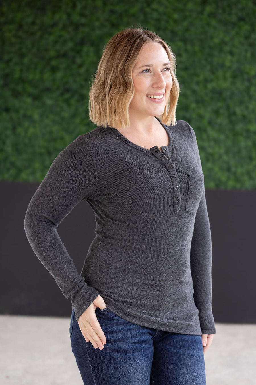 WAREHOUSE Georgia Long Sleeve Top - Charcoal