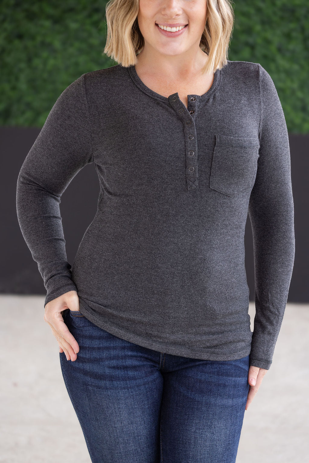 WAREHOUSE Georgia Long Sleeve Top - Charcoal