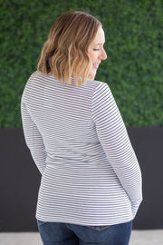 WAREHOUSE Striped Henley Long Sleeve - White