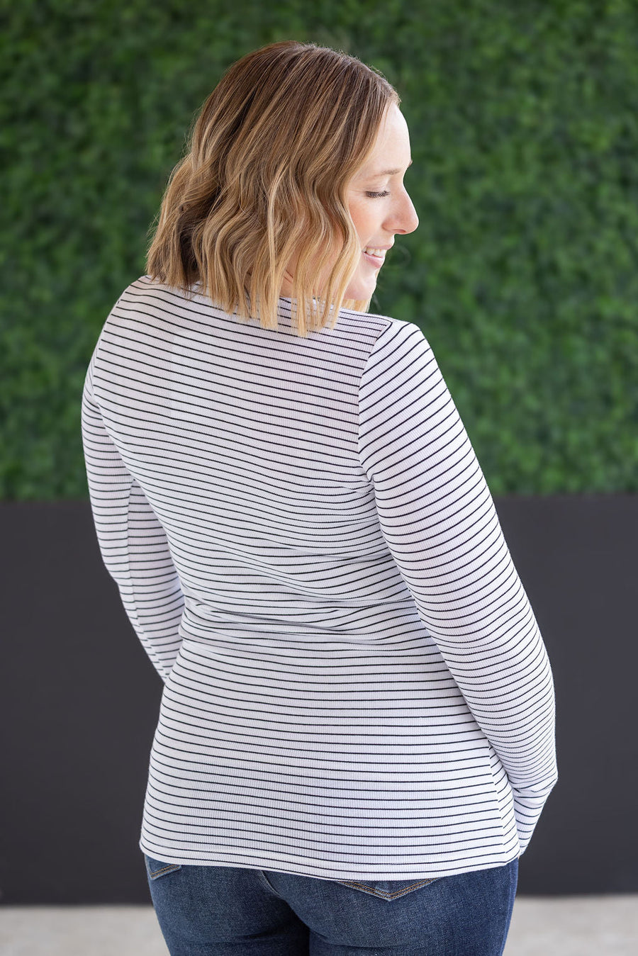 WAREHOUSE Striped Henley Long Sleeve - White