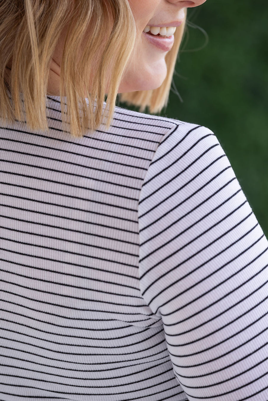 WAREHOUSE Striped Henley Long Sleeve - White