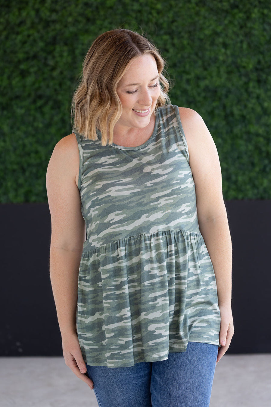 WAREHOUSE Renee Ruffle Tank Top - Camo