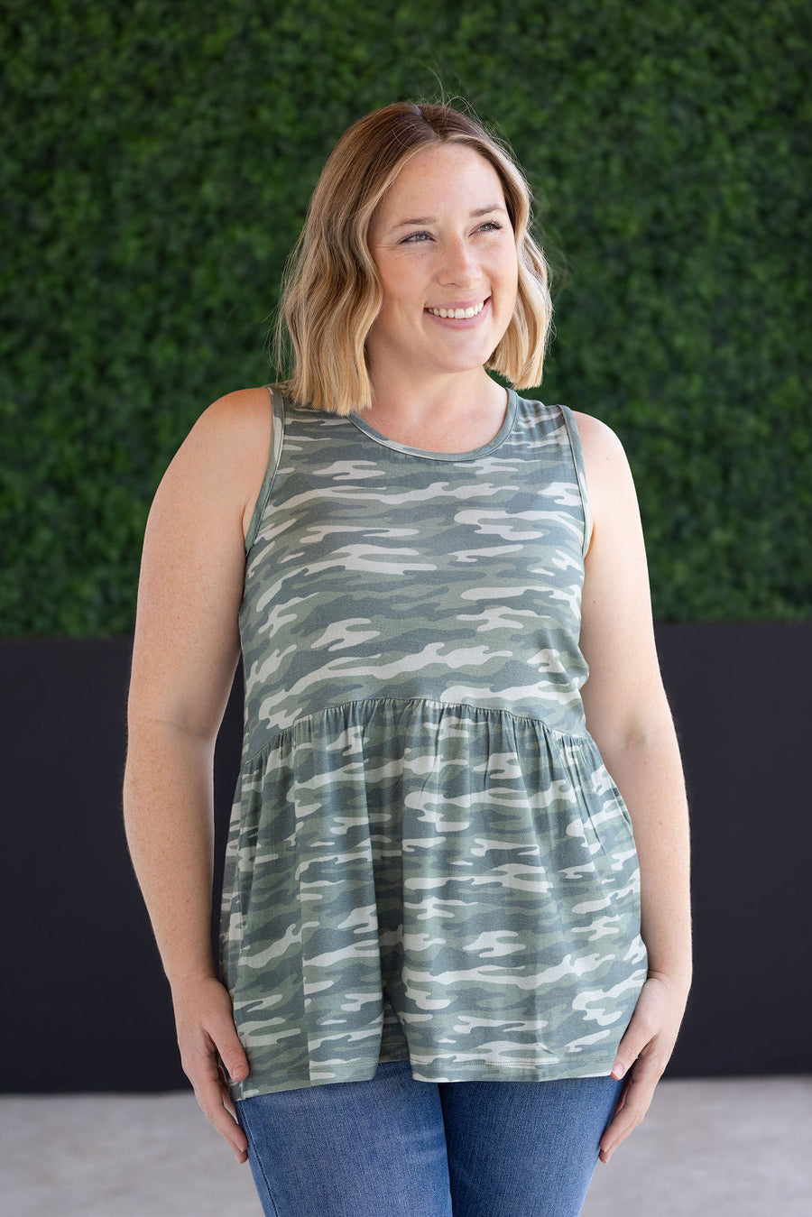 WAREHOUSE Renee Ruffle Tank Top - Camo