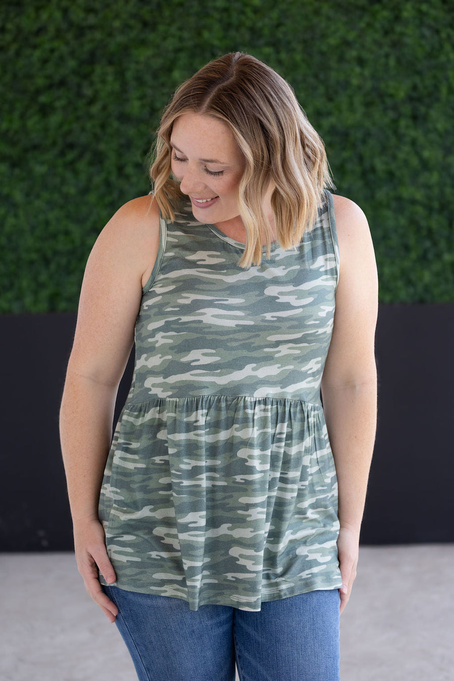 WAREHOUSE Renee Ruffle Tank Top - Camo