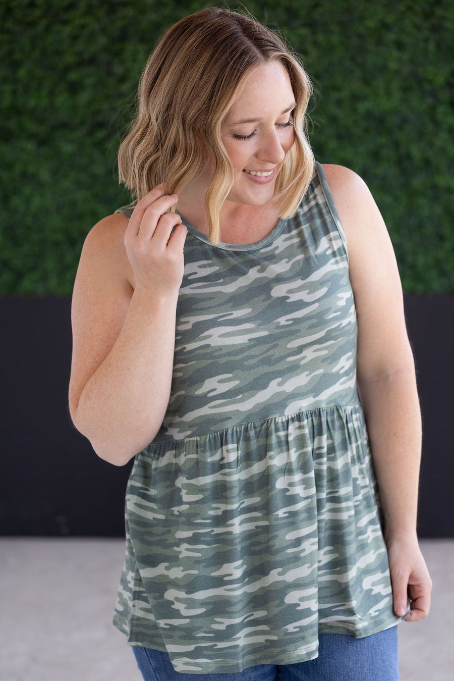 WAREHOUSE Renee Ruffle Tank Top - Camo