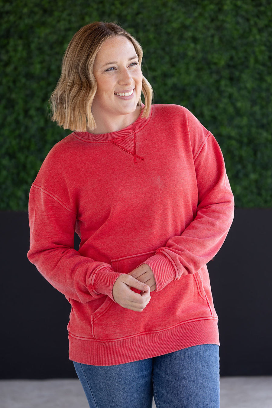 WAREHOUSE Vintage Wash Pocket Pullover - Red