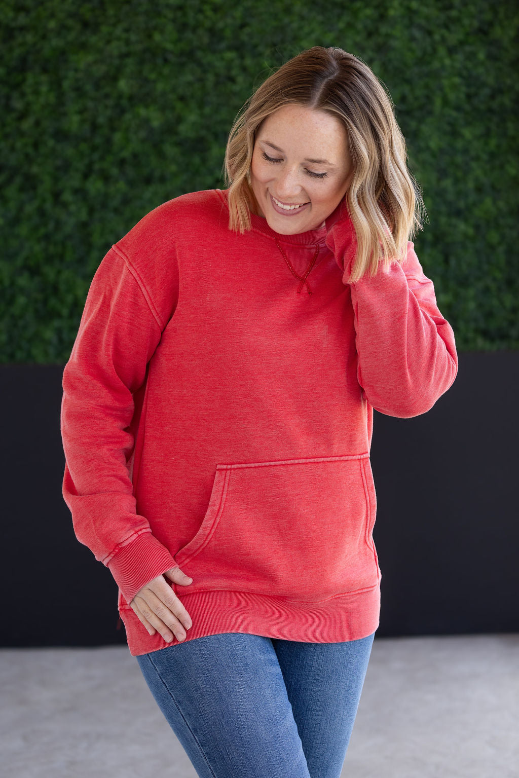 WAREHOUSE Vintage Wash Pocket Pullover - Red