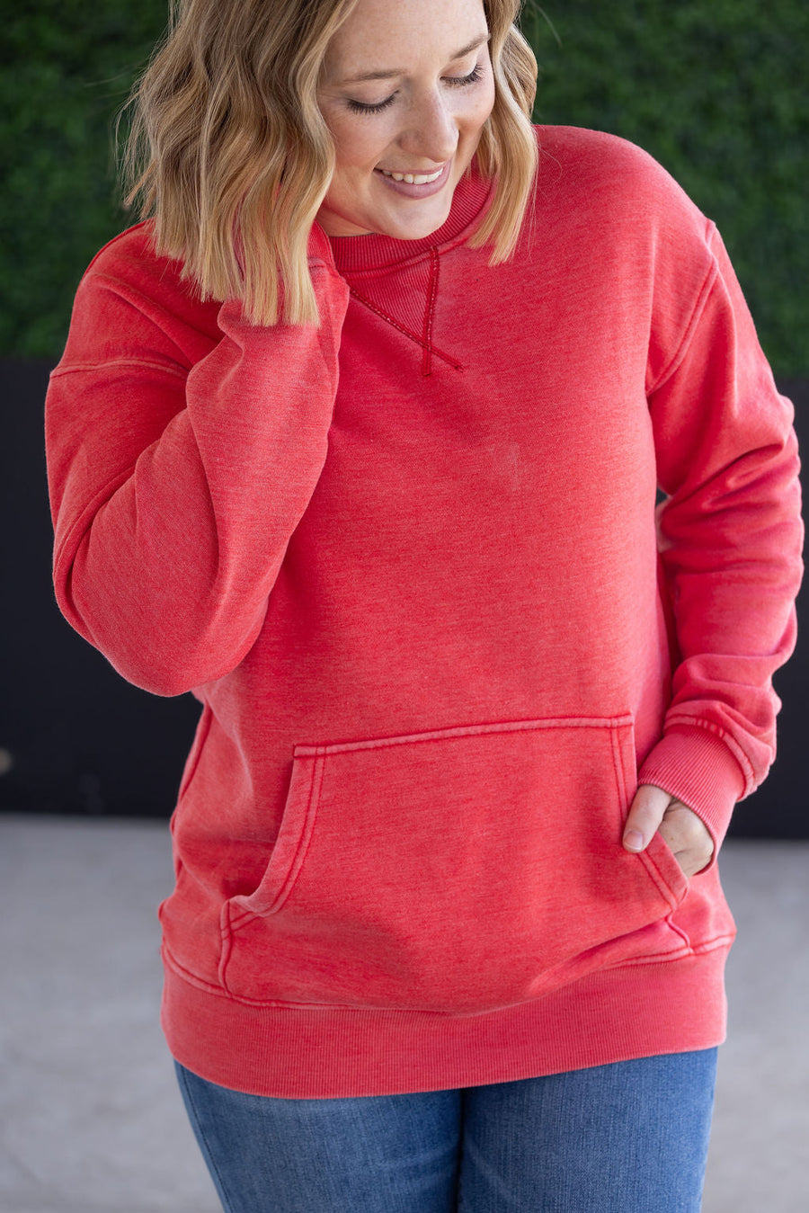 WAREHOUSE Vintage Wash Pocket Pullover - Red