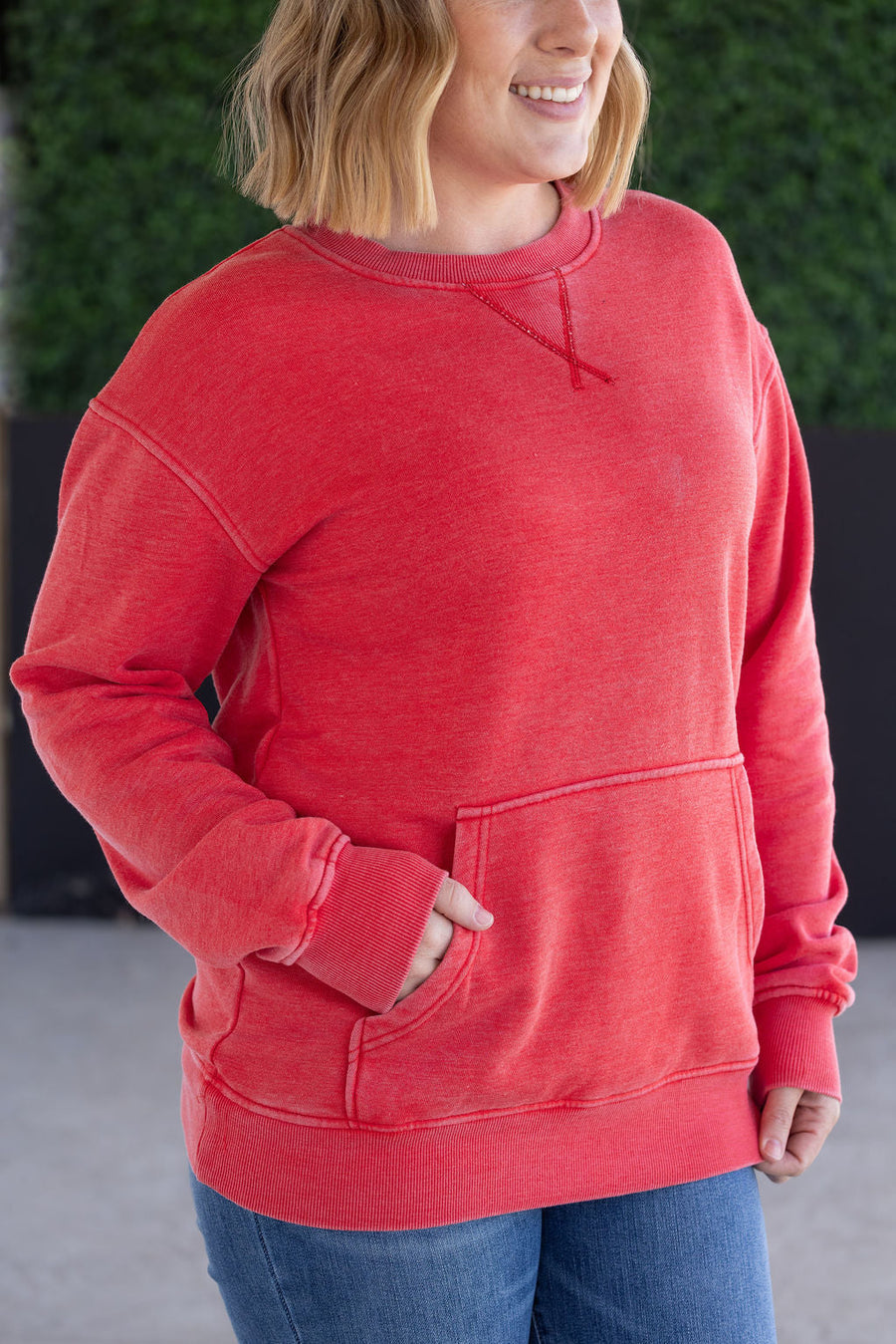 WAREHOUSE Vintage Wash Pocket Pullover - Red