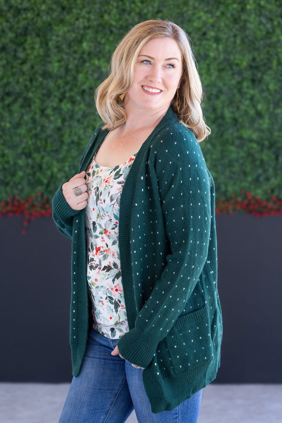 WAREHOUSE Dalilah Dot Cardigan - Forest Green