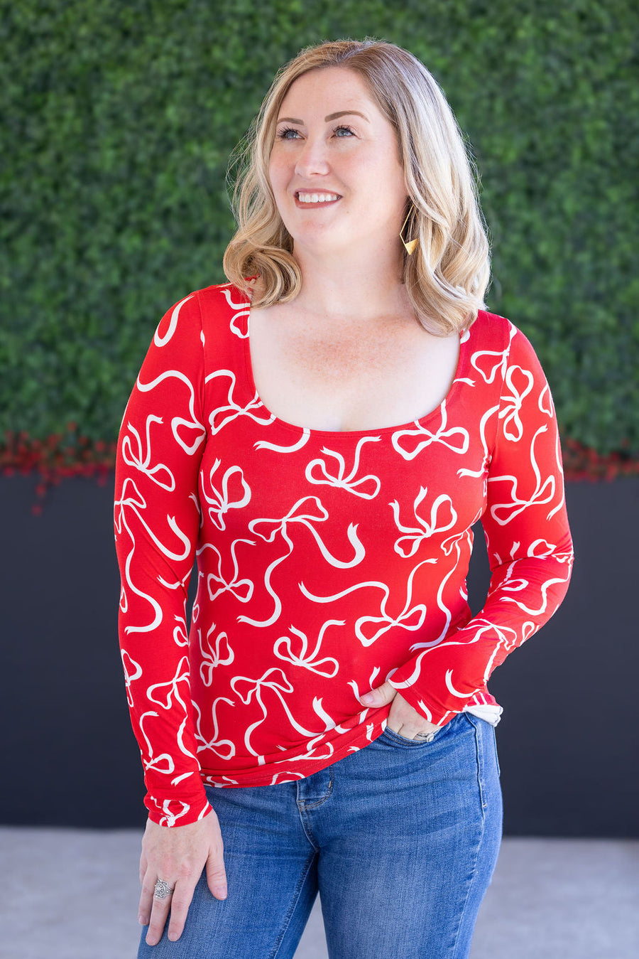 WAREHOUSE Alyssa Long Sleeve Top - Red and White Ribbons