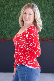 WAREHOUSE Alyssa Long Sleeve Top - Red and White Ribbons