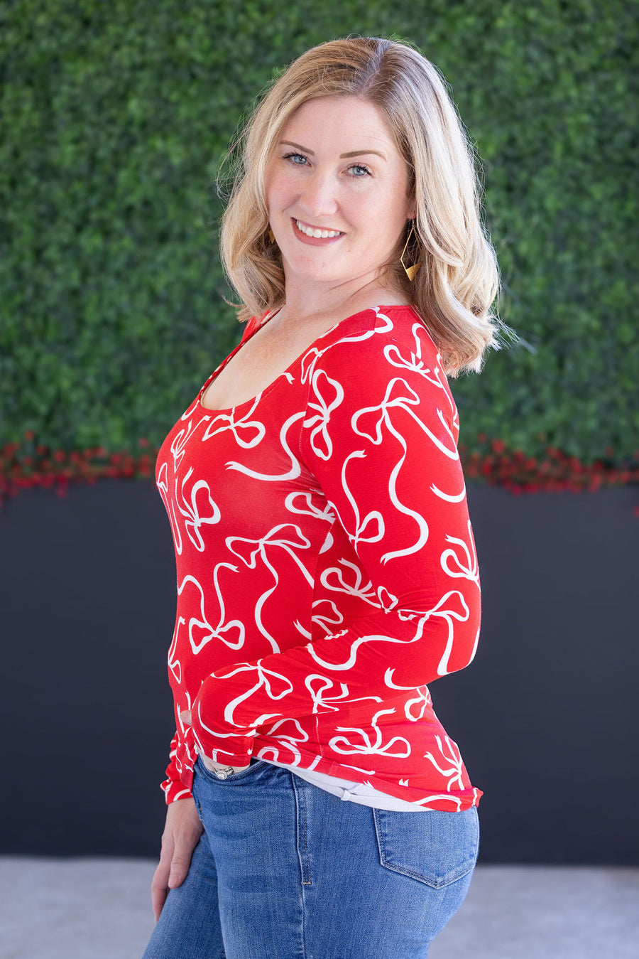 WAREHOUSE Alyssa Long Sleeve Top - Red and White Ribbons