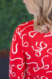WAREHOUSE Alyssa Long Sleeve Top - Red and White Ribbons