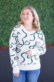 WAREHOUSE Ribbons Sweater - Ivory and Hunter Green