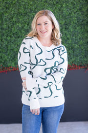 WAREHOUSE Ribbons Sweater - Ivory and Hunter Green