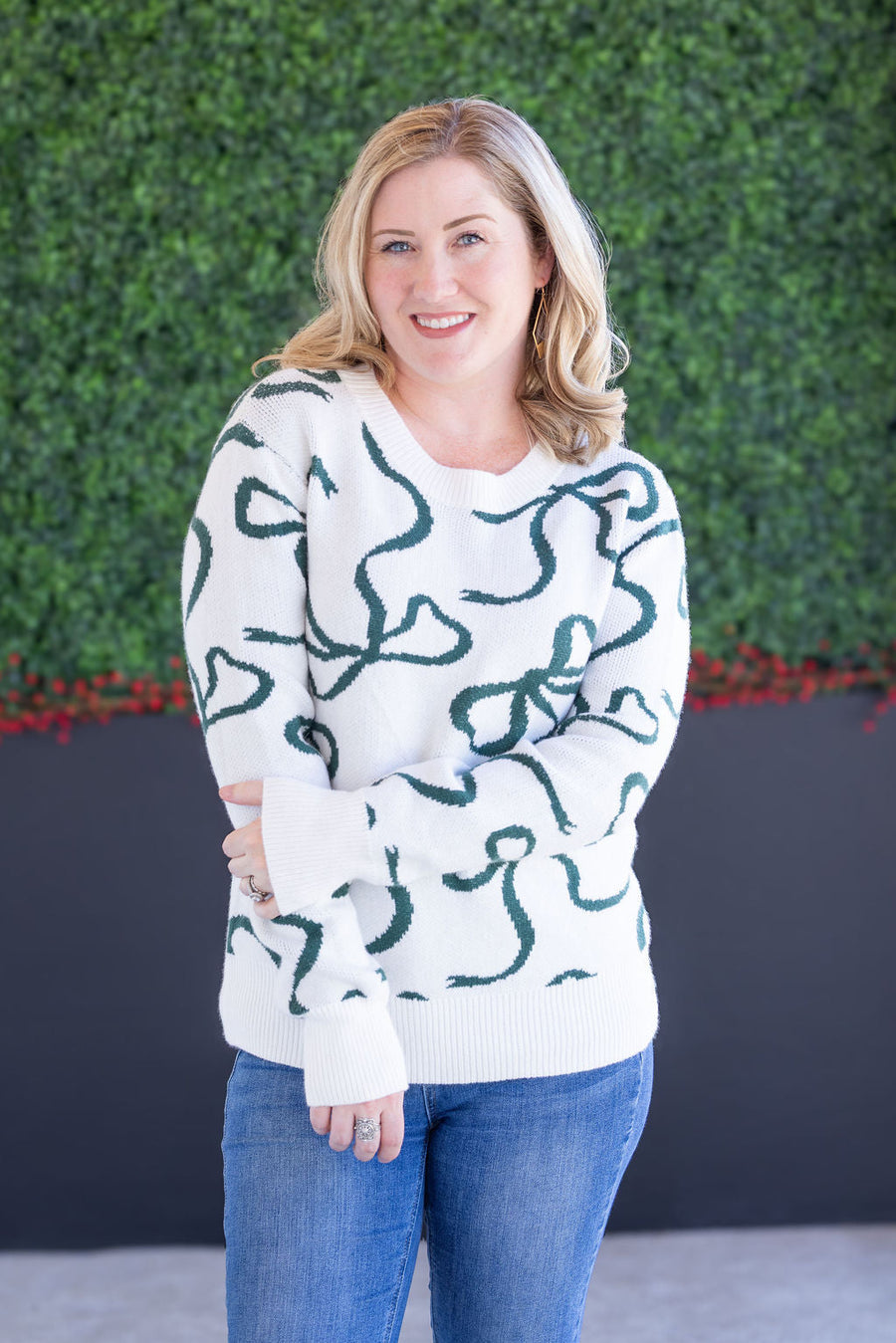 WAREHOUSE Ribbons Sweater - Ivory and Hunter Green