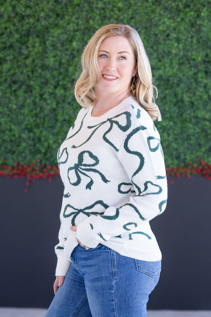 WAREHOUSE Ribbons Sweater - Ivory and Hunter Green